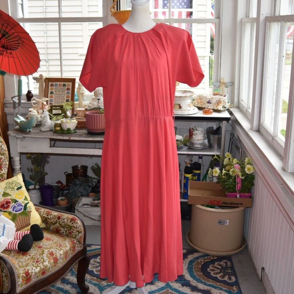 Vintage Hearts Coral Pink Rayon Midi Dress Womens XL Drop Waist Cottagecore